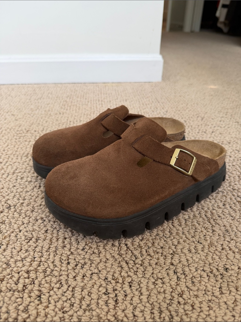 Birkenstock Brown Suede Slip-On Clogs with Gold Buckle